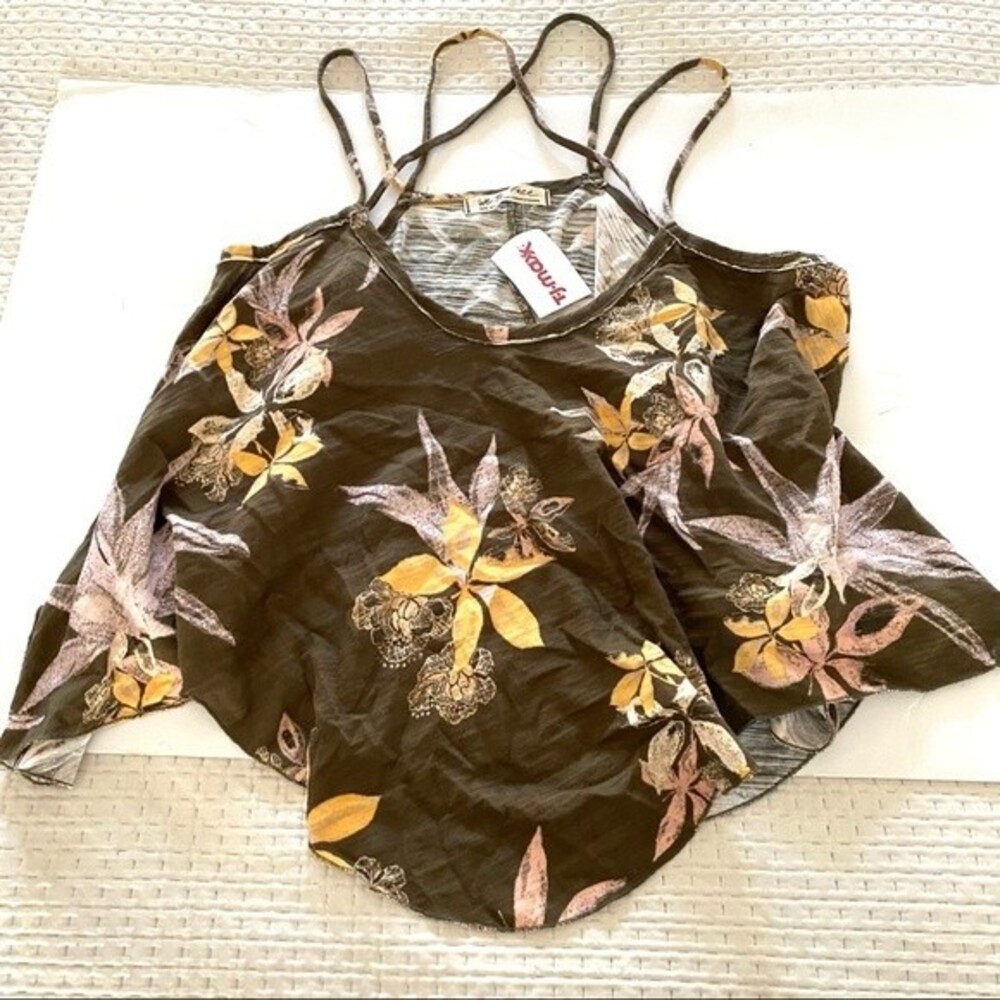 Free People Black Floral Strappy Tank with Yellow & Pale Pink Blooms